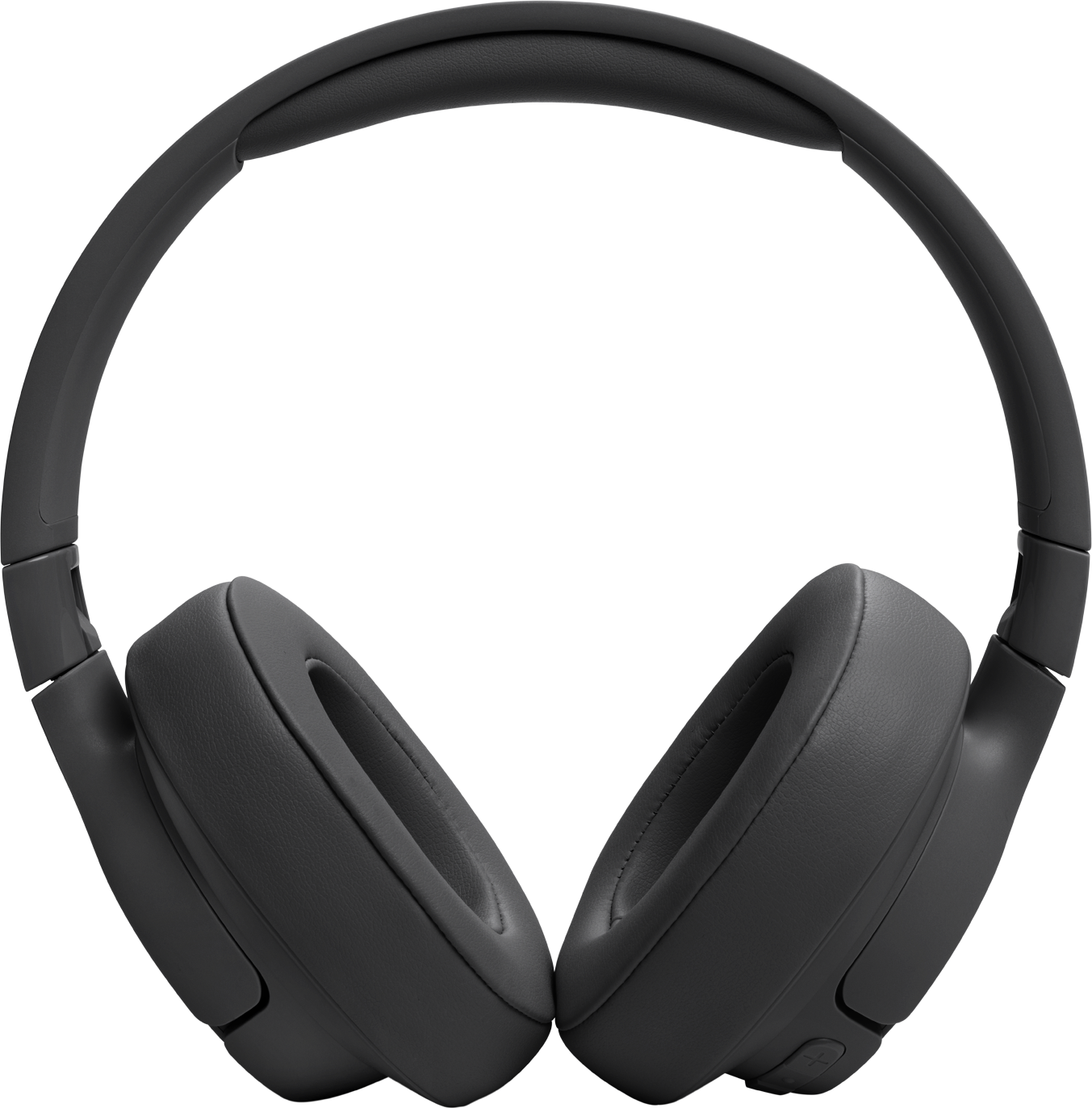 Schwarze Over-Ear-Kopfhörer auf weißem Hintergrund. Ohrmuscheln sind zum Betrachter geneigt.