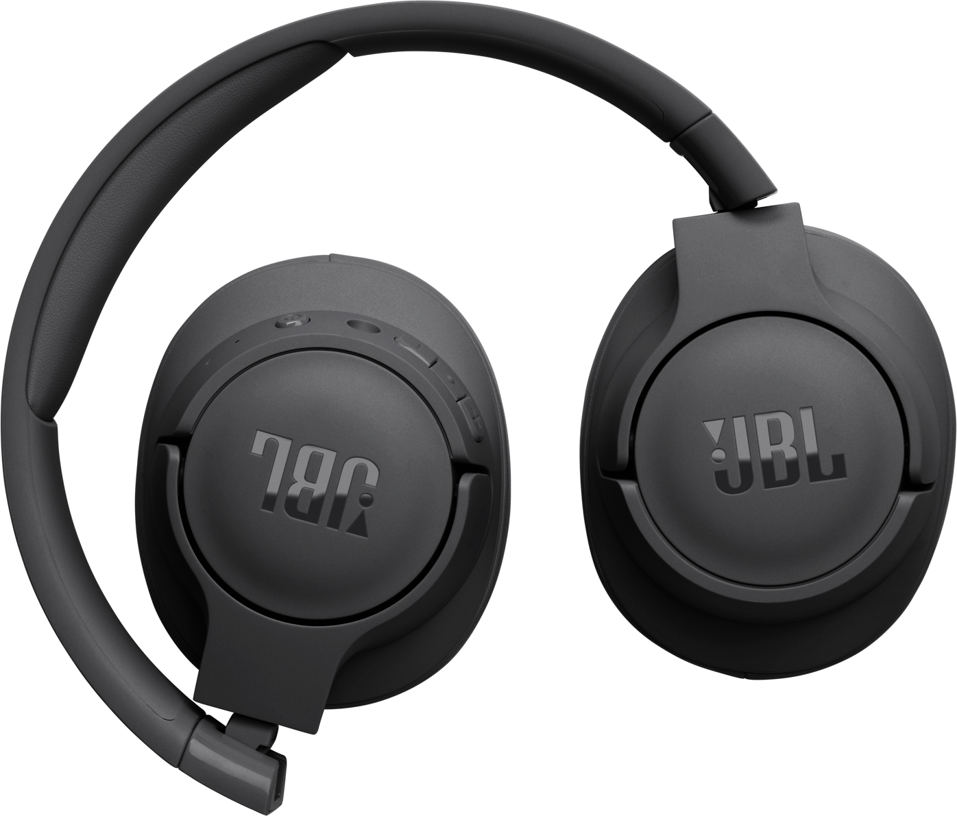 Schwarze JBL-Kopfhörer zusammengeklappt. Das JBL-Logo ist auf jeder Ohrmuschel zu sehen.