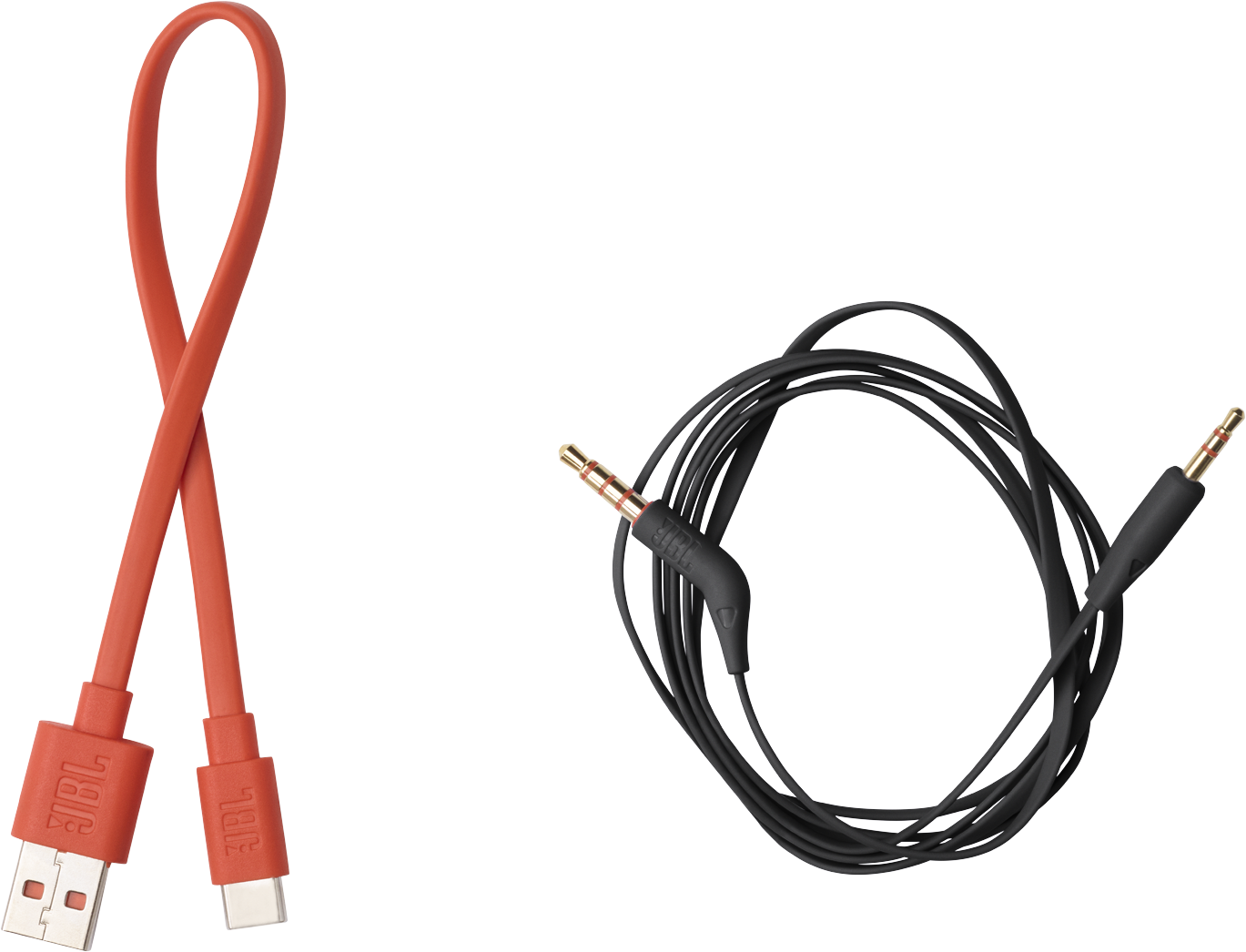 Zwei JBL-Kabel; eines rot, eines schwarz mit Anschlüssen.