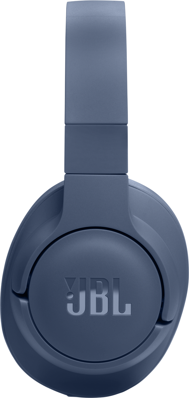 Blaue JBL-Kopfhörer, mit dem JBL-Logo auf dem Ohrmuschel sichtbar, eine Nahaufnahme.