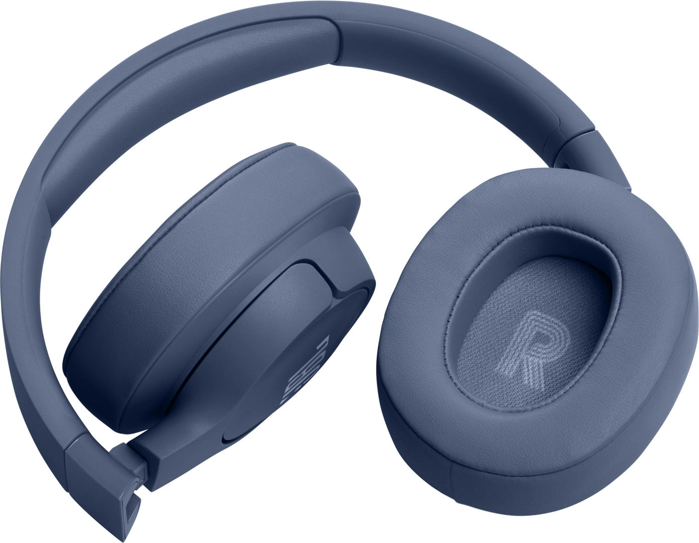 Blaue Over-Ear-Kopfhörer, eine Ohrmuschel gefaltet. Das Logo ist auf den Ohrmuscheln sichtbar.