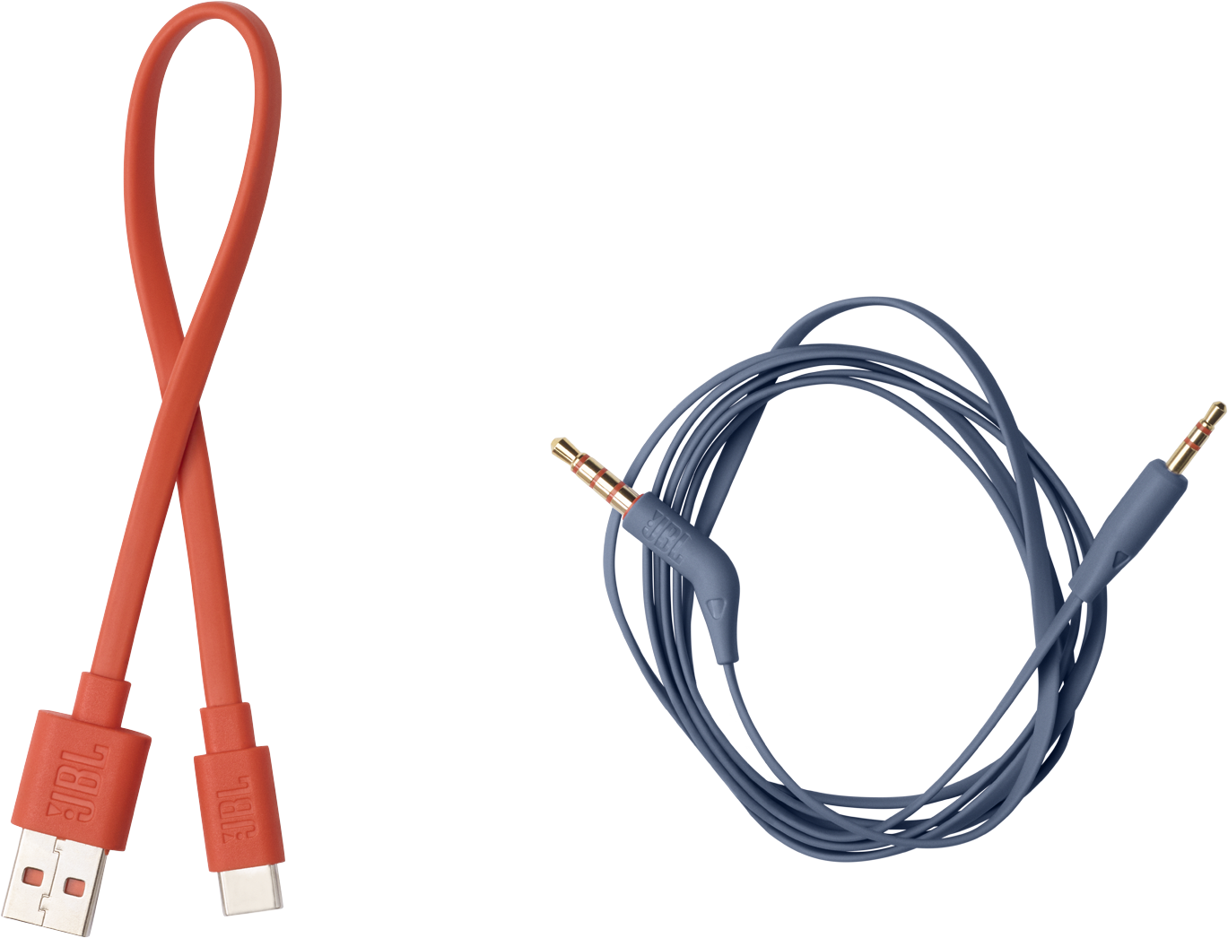 Rote und blaue Kabel. Eines hat einen USB-Anschluss, das andere einen Kopfhöreranschluss.