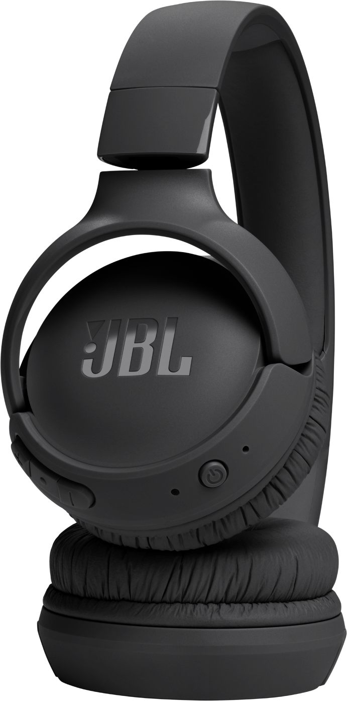 Cuffie JBL nere, vista angolata, con logo e controlli JBL.