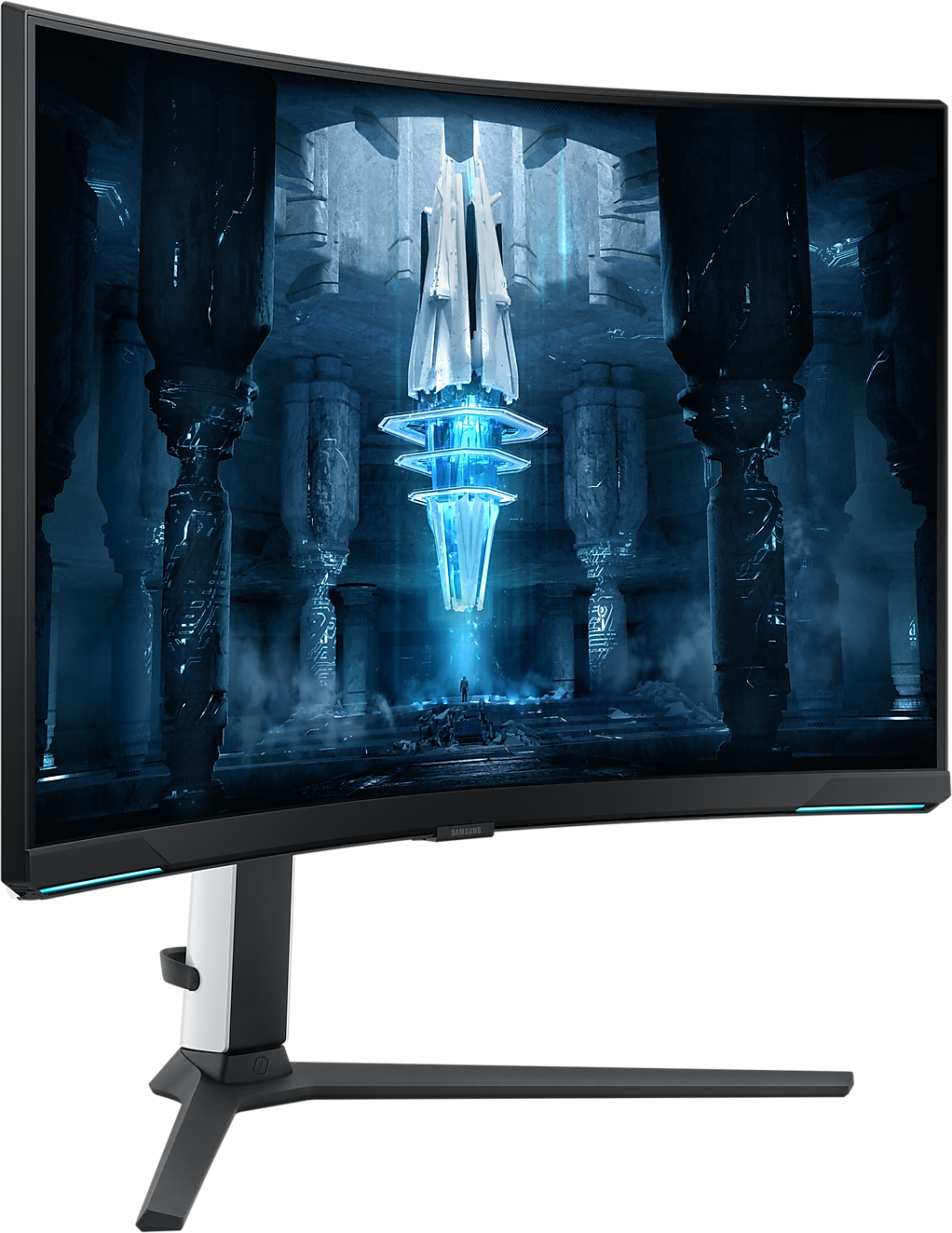 Egy ívelt gamer monitor. Egy futurisztikus jelenetet jelenít meg, kék fényekkel és egy nagyméretű központi szerkezettel.