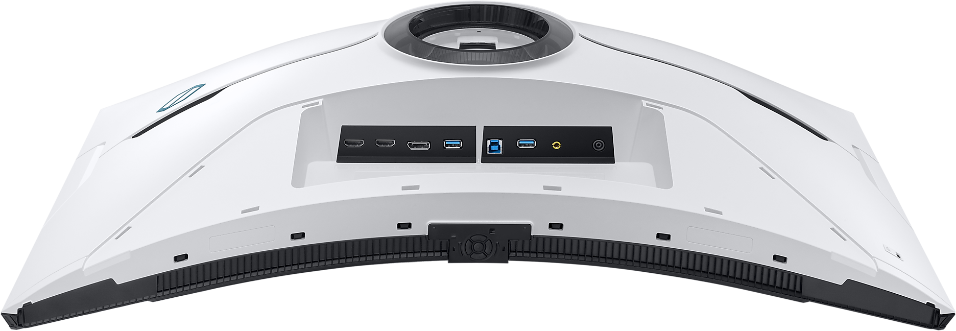 Fehér ívelt monitor hátulja portokkal: HDMI, USB és audio.
