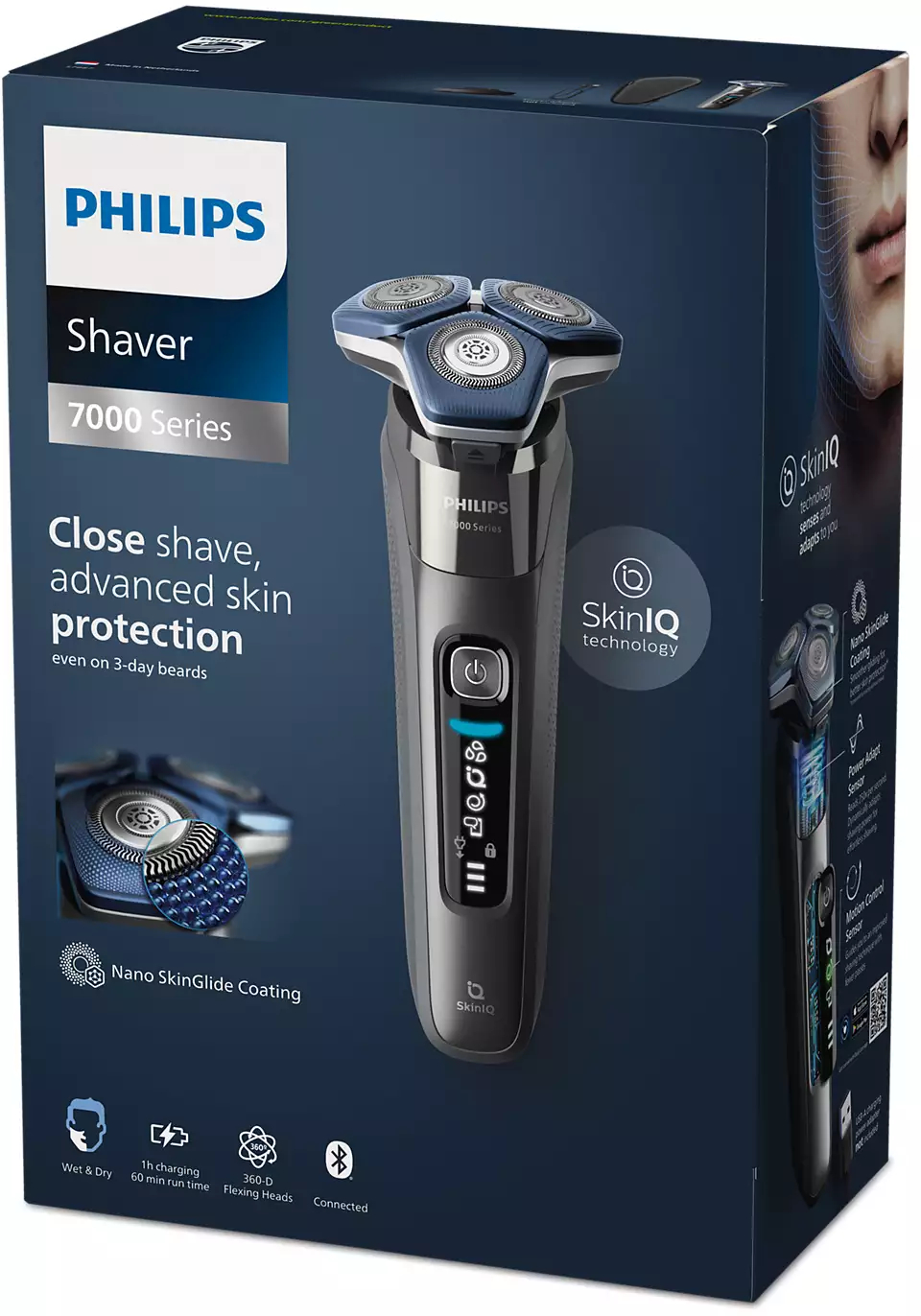 Philips Rasiererbox mit Rasierer. Die Box zeigt den Rasierer und seine Funktionen. Text auf der Box.