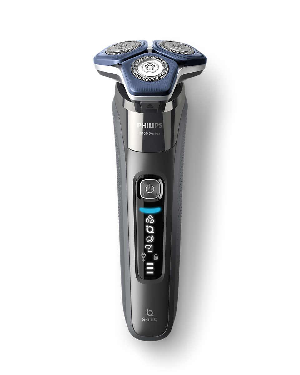 Philips Rasierer mit drei Rotationsköpfen, grau und blau.