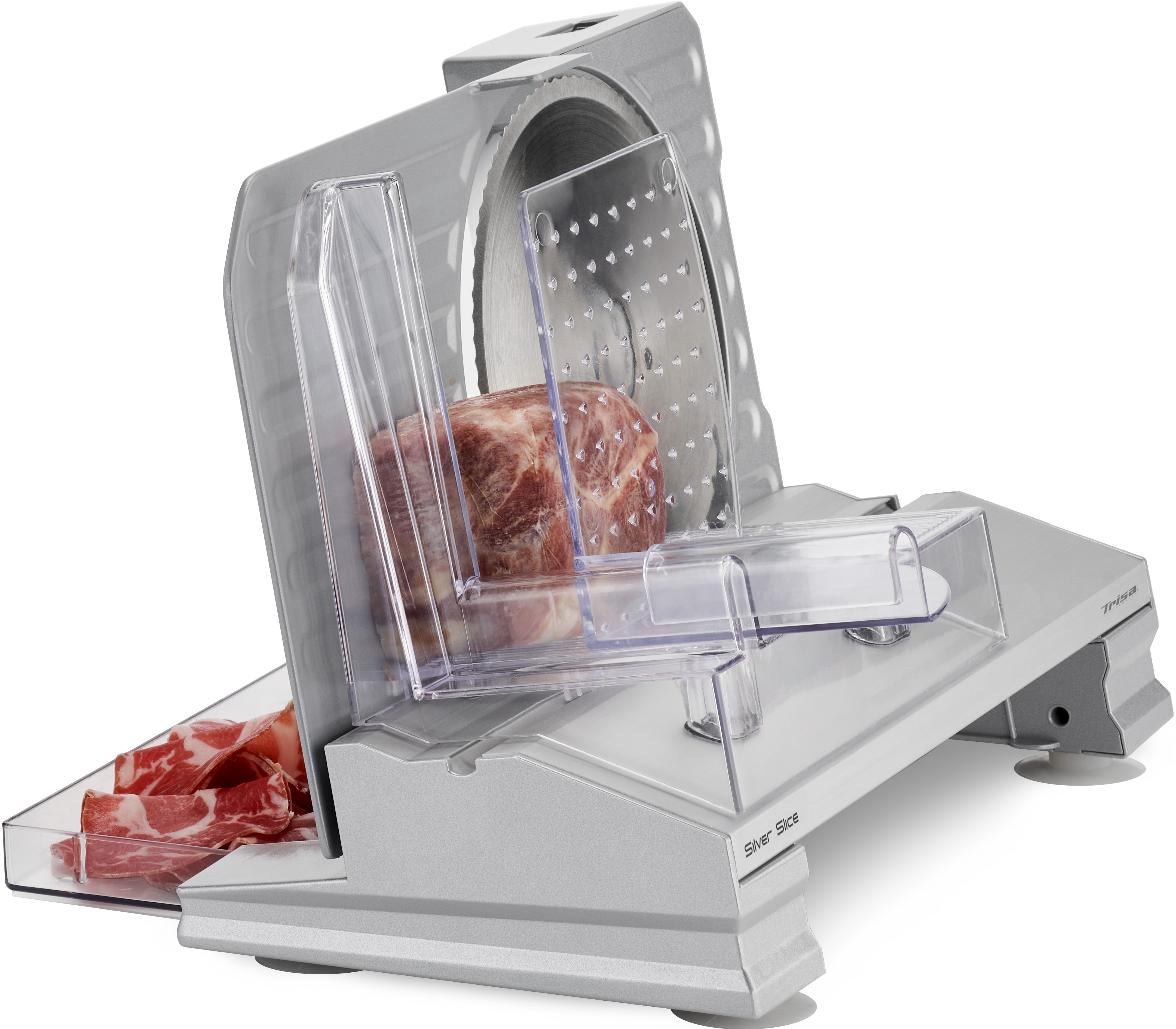 Une trancheuse à viande avec de la viande en cours de tranchage. La trancheuse est argentée.