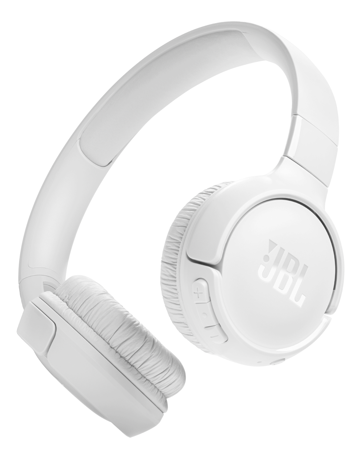 Casque JBL blanc. Le casque est supra-auriculaire et possède des boutons sur l'écouteur droit.