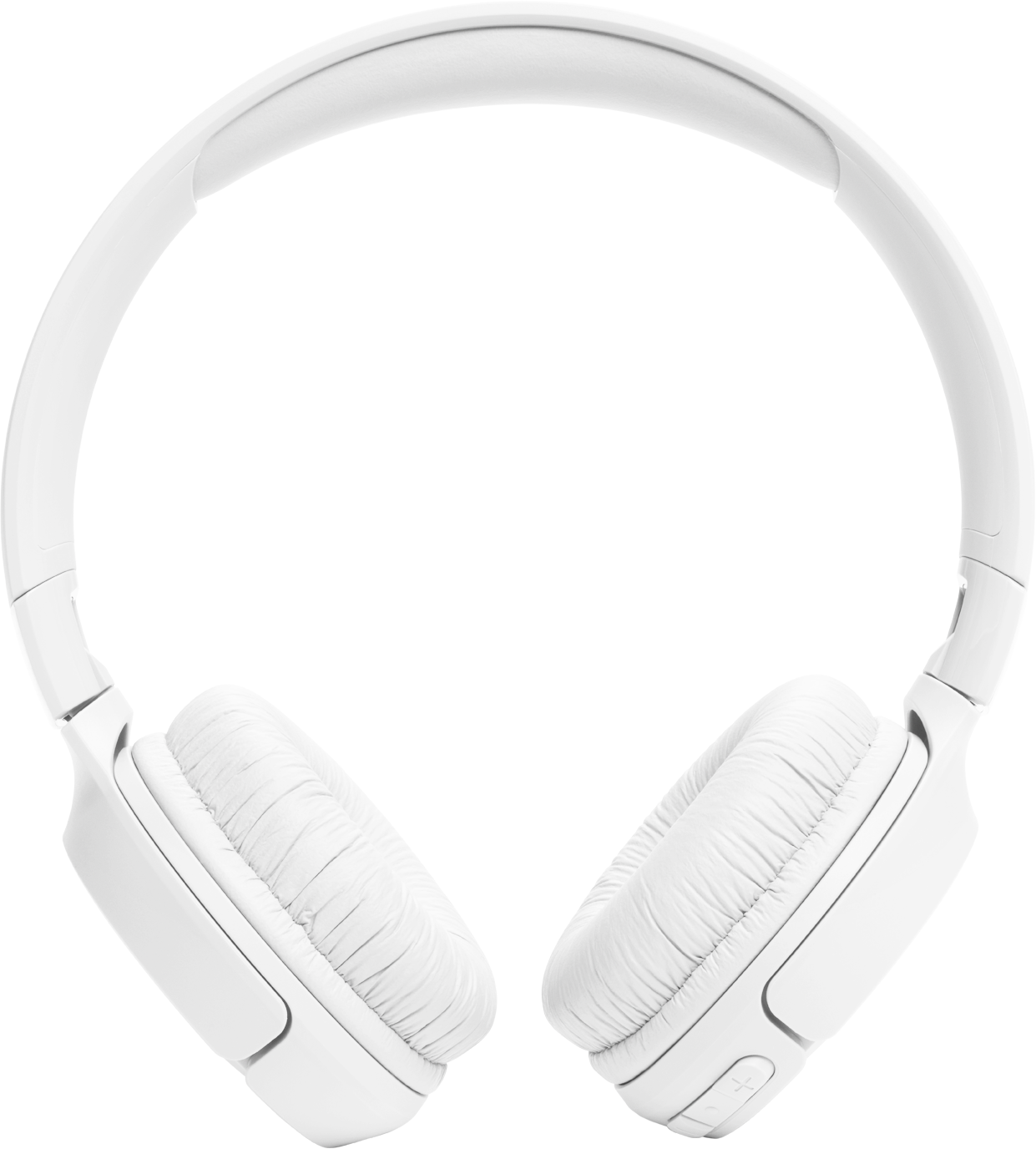Casque blanc avec coussinets rembourrés, vu de face, sur fond blanc uni.