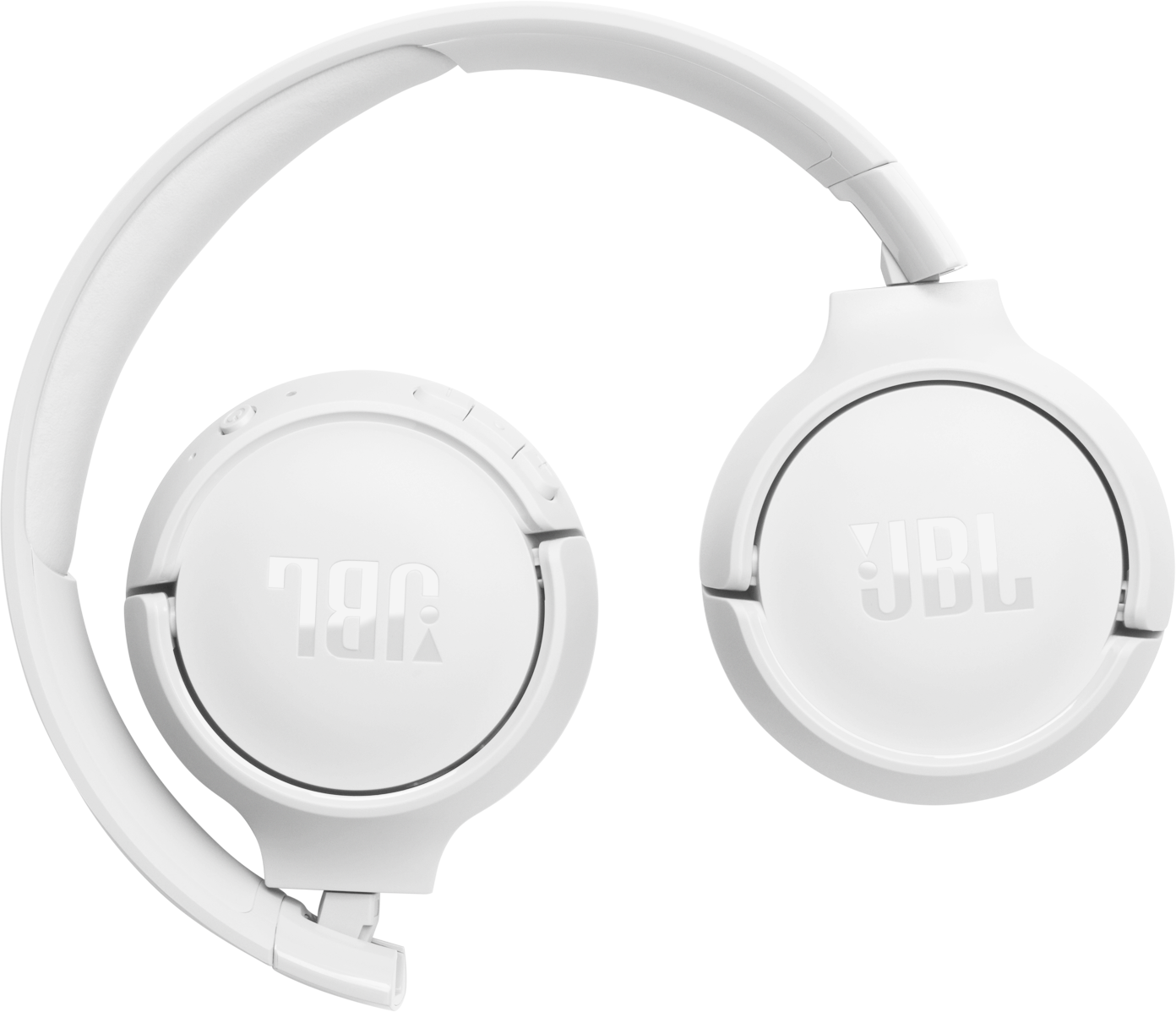 Casque JBL blanc pliable. Le logo JBL est visible sur les écouteurs.