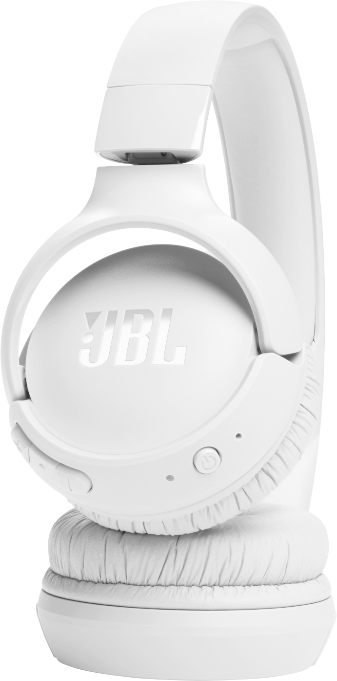 Casque JBL blanc avec bandeau incurvé et boutons.