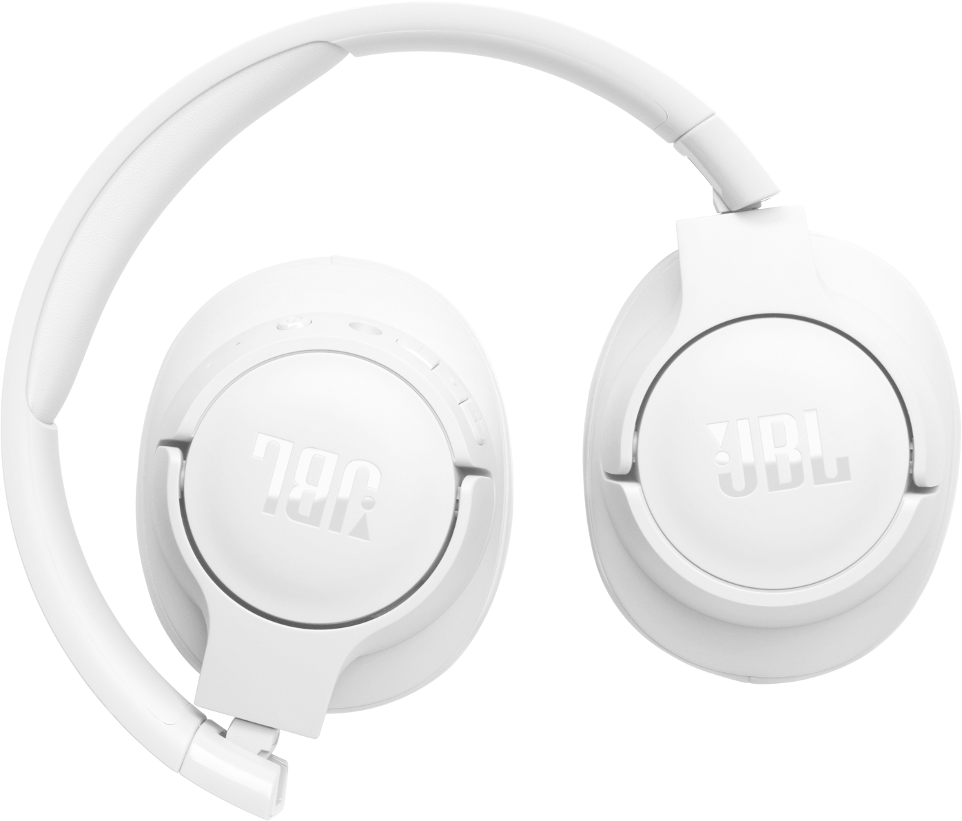Weiße, faltbare Kopfhörer mit 'JBL'-Logo auf den Ohrmuscheln und dem Bügel.