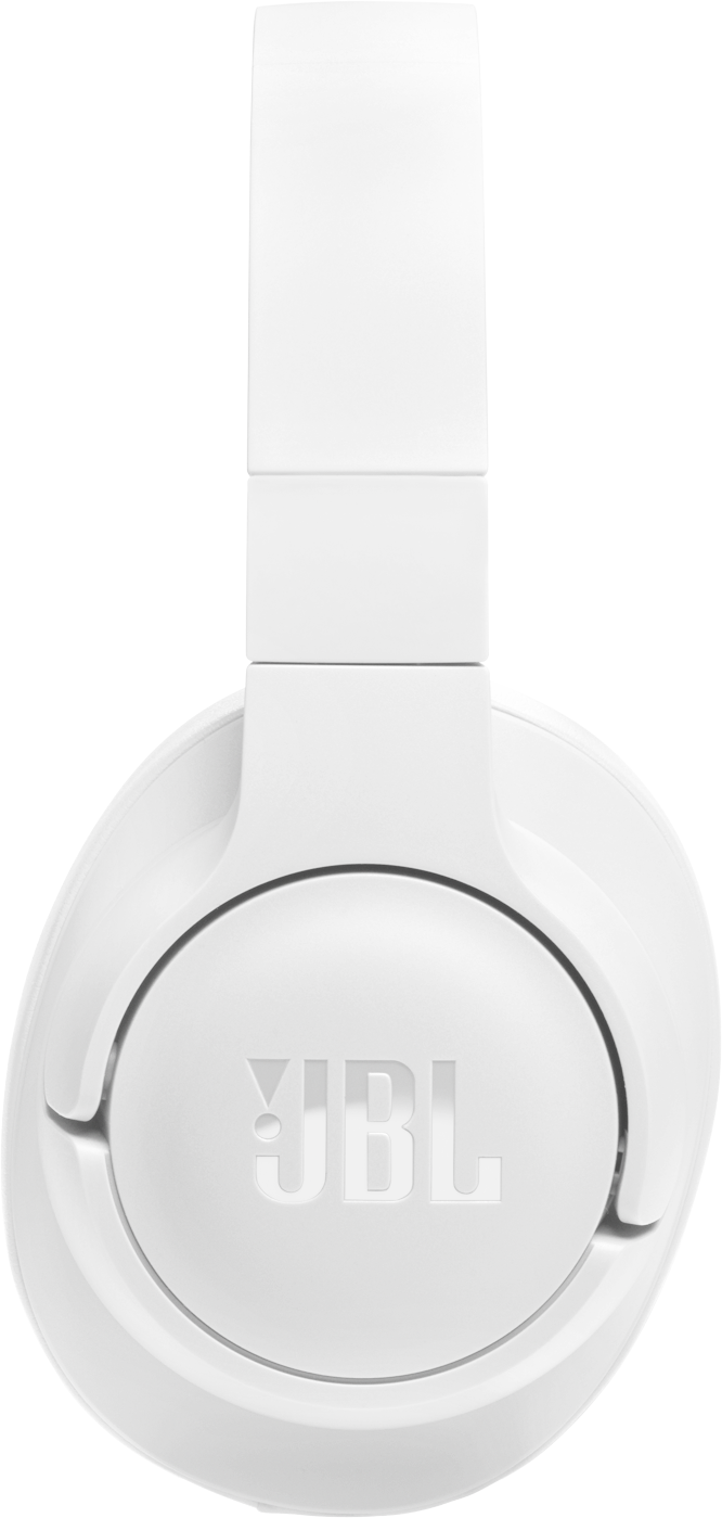 Weiße Kopfhörer mit dem JBL-Logo. Die Kopfhörer sind vertikal ausgerichtet.