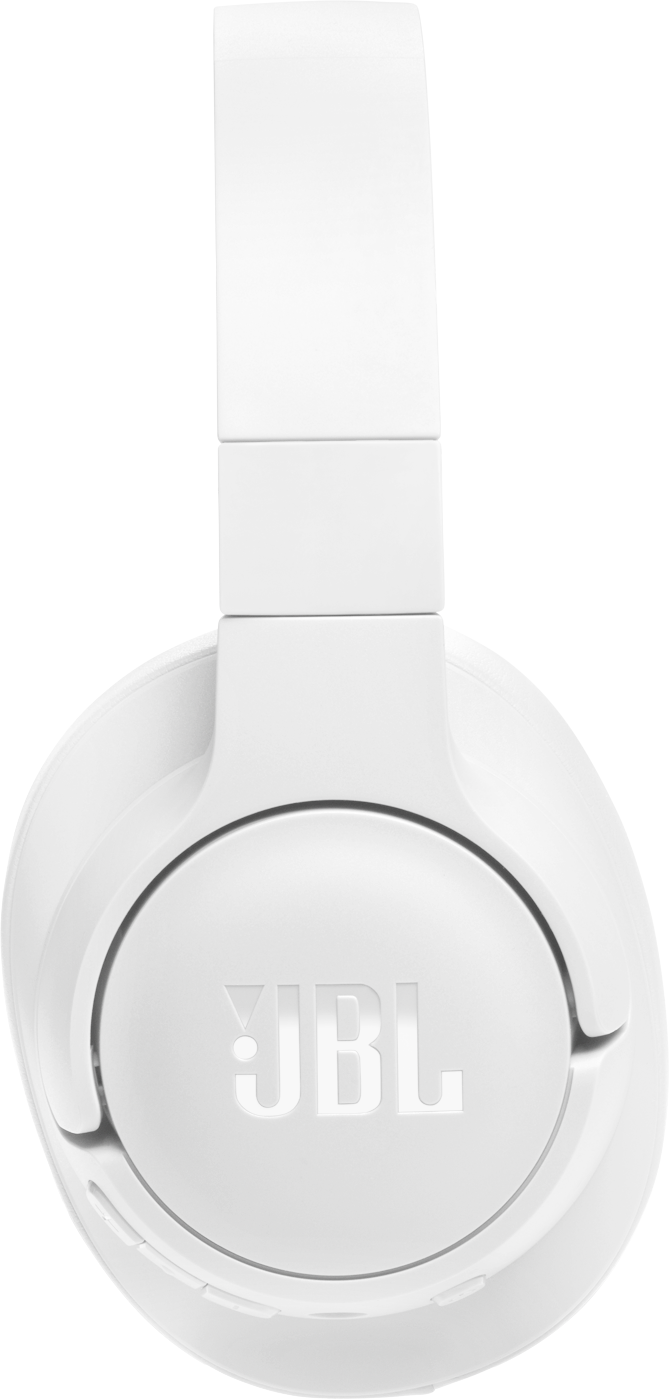 Weiße Kopfhörer. Die Ohrmuscheln sind groß und kreisförmig, durch ein Kopfband verbunden. Das JBL-Logo ist drauf.