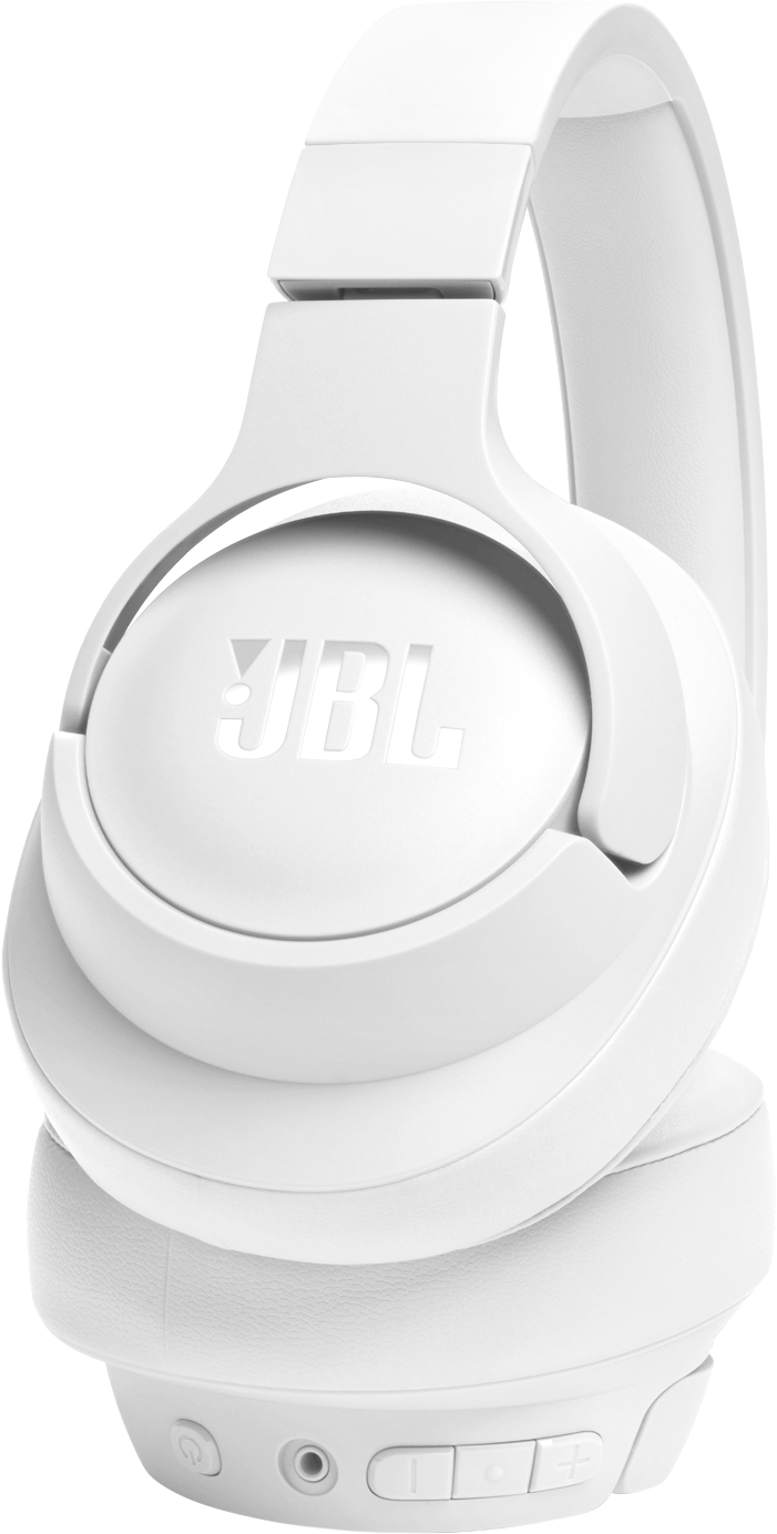 Weiße JBL-Kopfhörer. Das JBL-Logo befindet sich auf den Ohrmuscheln. Auf der rechten Ohrmuschel befinden sich Tasten.