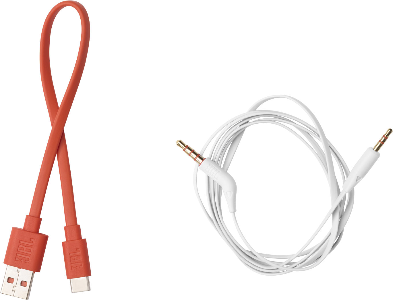 Zwei JBL Audiokabel. Eines ist rot USB-zu-USB-C. Das andere ist weiß mit zwei Audiobuchsen.
