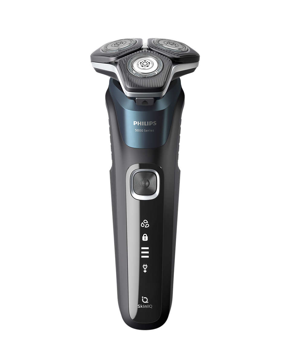 Schwarzer und blauer Philips Rasierer, schräge Ansicht. Verfügt über drei kreisförmige Klingen und einen Ein-/Ausschalter.