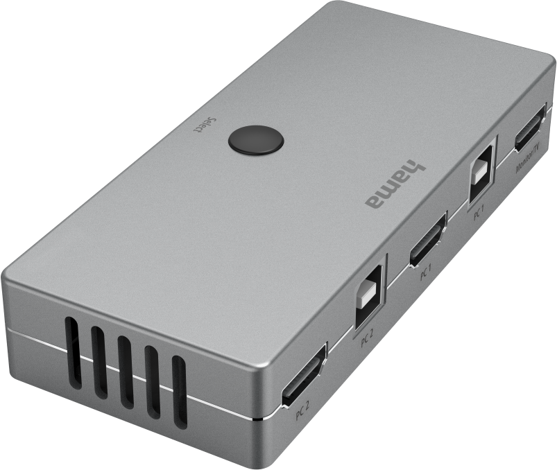 Commutateur HDMI argenté avec plusieurs ports. Avec un bouton de sélection et des ports étiquetés PC1, PC2 et Monitor TV.
