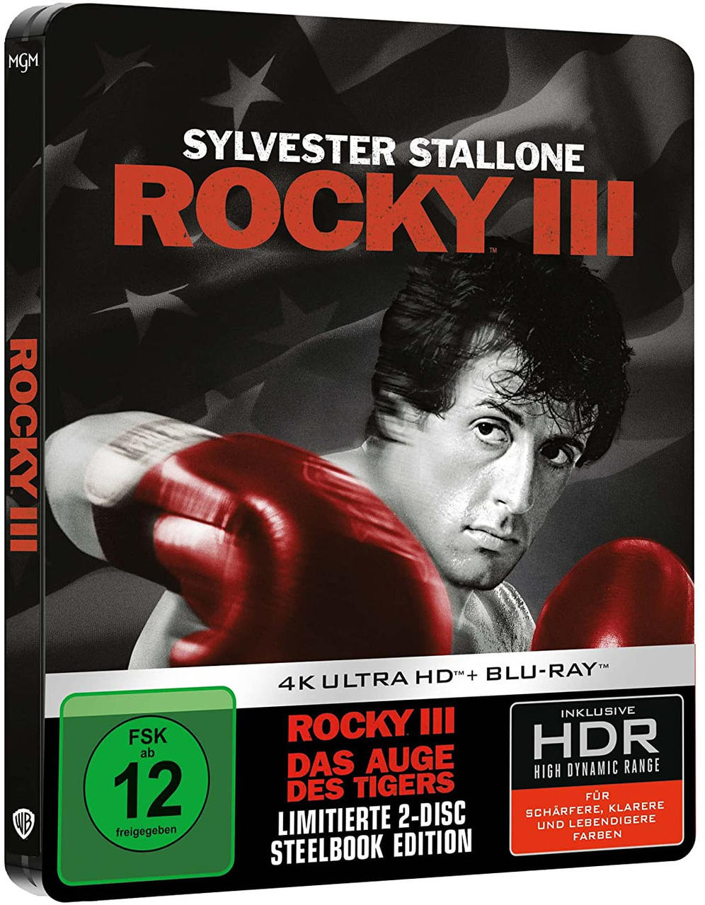 Rocky III Blu-ray Cover. Sylvester Stallone mit Boxhandschuhen, Titel und Bewertung.