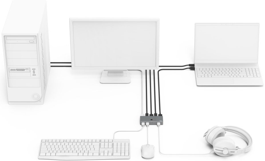 Une configuration avec un ordinateur, un moniteur, un ordinateur portable, un clavier, une souris et un casque, tous connectés.