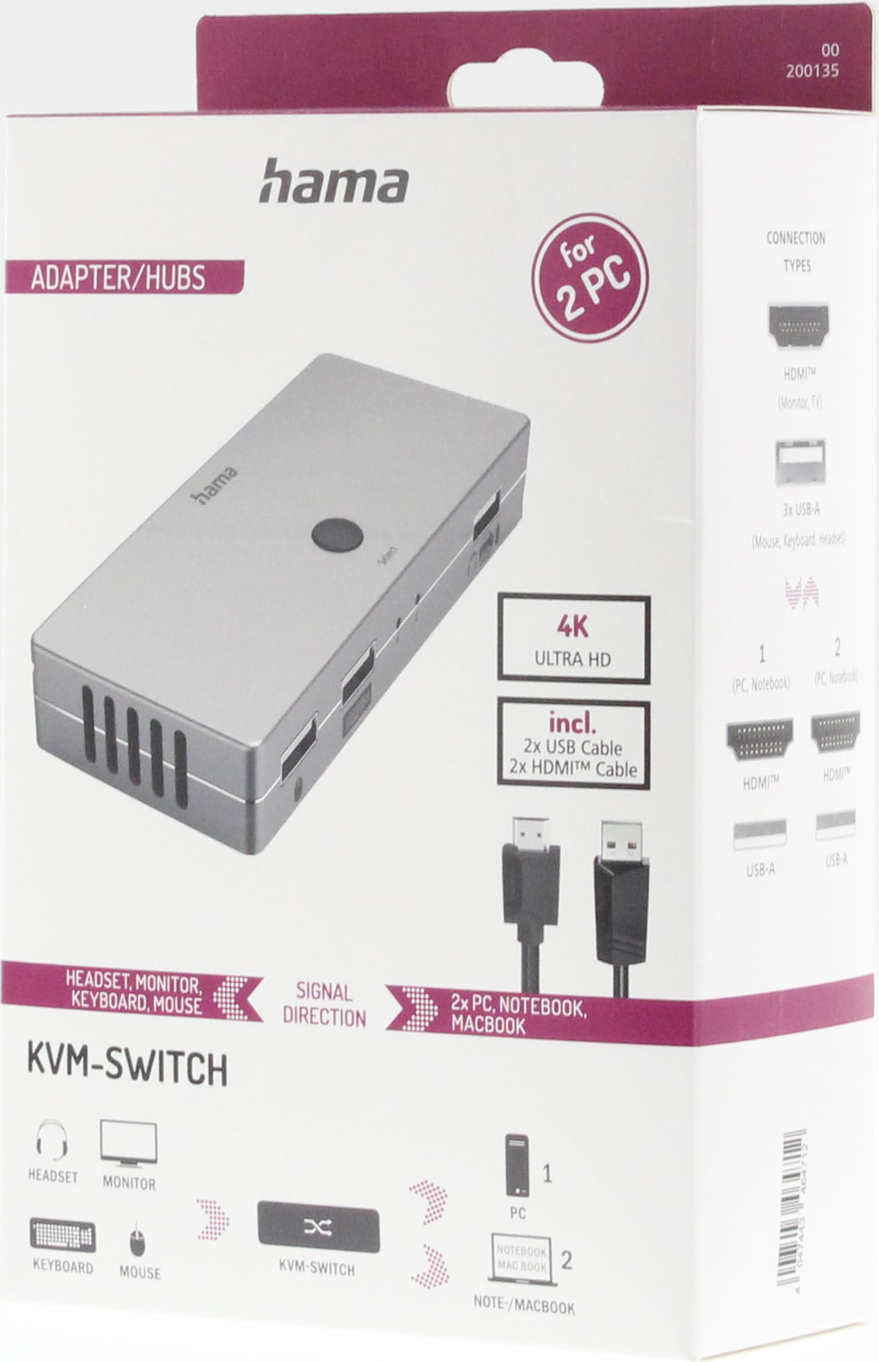 Boîtier de commutateur KVM argenté. Il dispose de ports et est étiqueté pour 2 PC et diverses connexions.