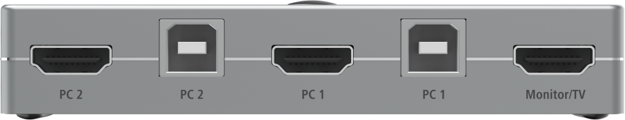 Hub USB argenté avec plusieurs ports HDMI et USB, étiqueté PC 1, PC 2 et Moniteur/TV.