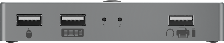 Hub USB gris avec icônes de souris, clavier et imprimante.
