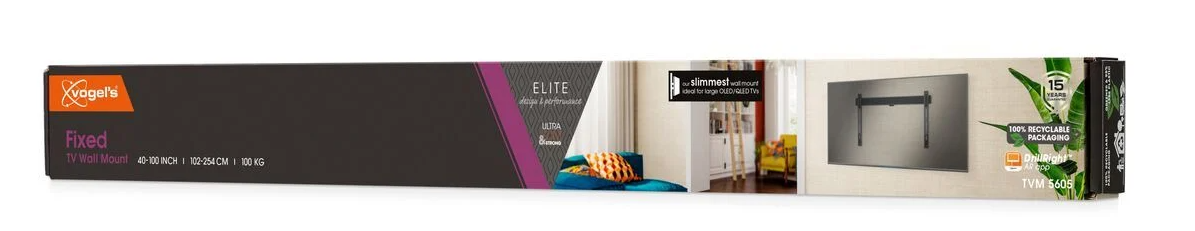 Lange, rechteckige Box, Vogel's TV-Wandhalterung, mit einem Bild eines Fernsehers an einer Wand.