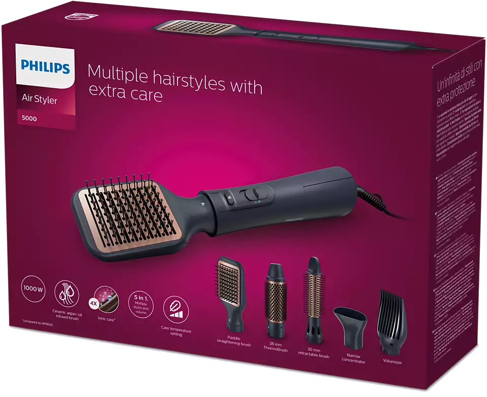 Philips Air Styler Box mit mehreren Aufsätzen. Enthält Text und Bilder.