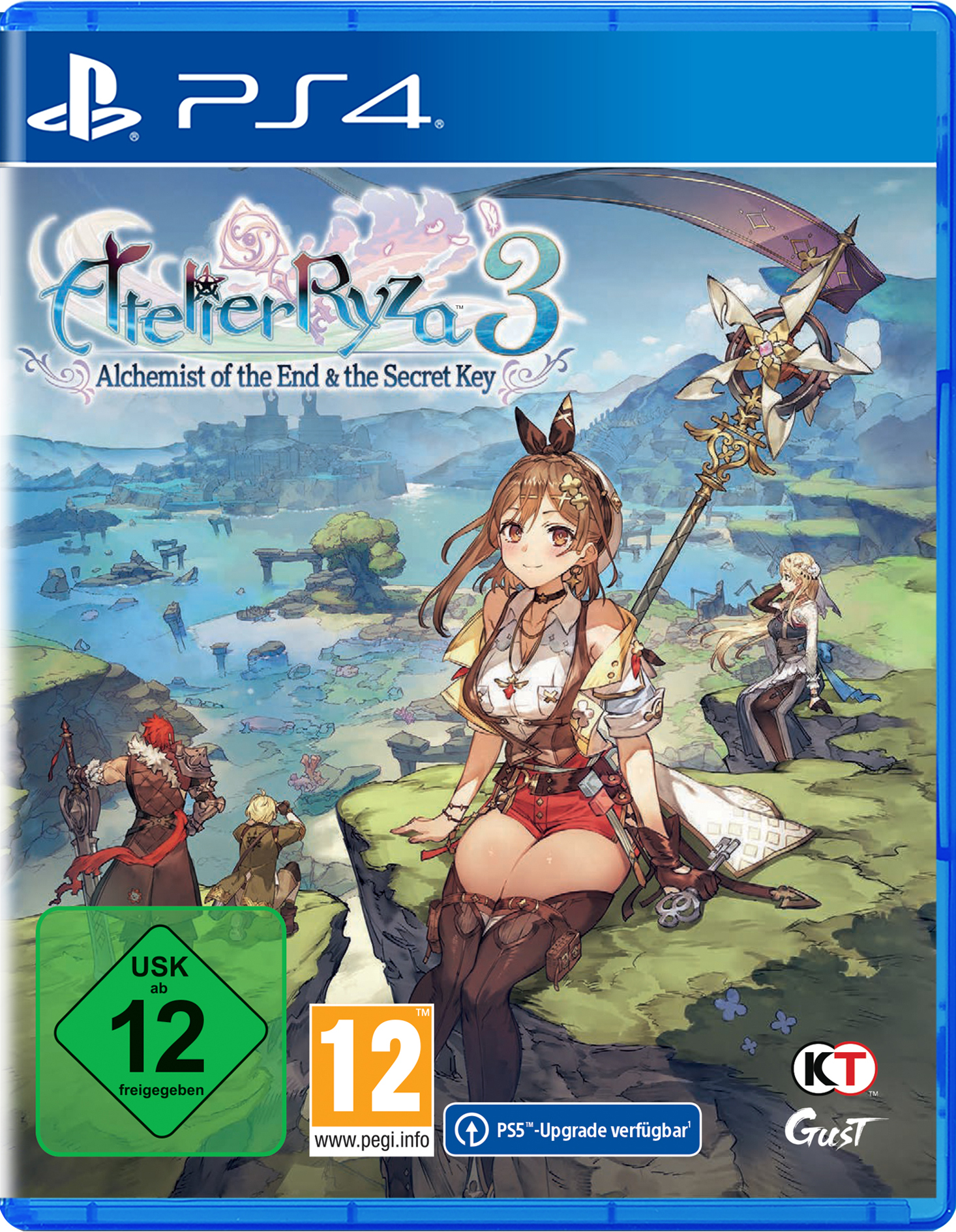PS4-Spielcover. Eine Frau mit Stab in einer Fantasy-Umgebung. Titel: Atelier Ryza 3.