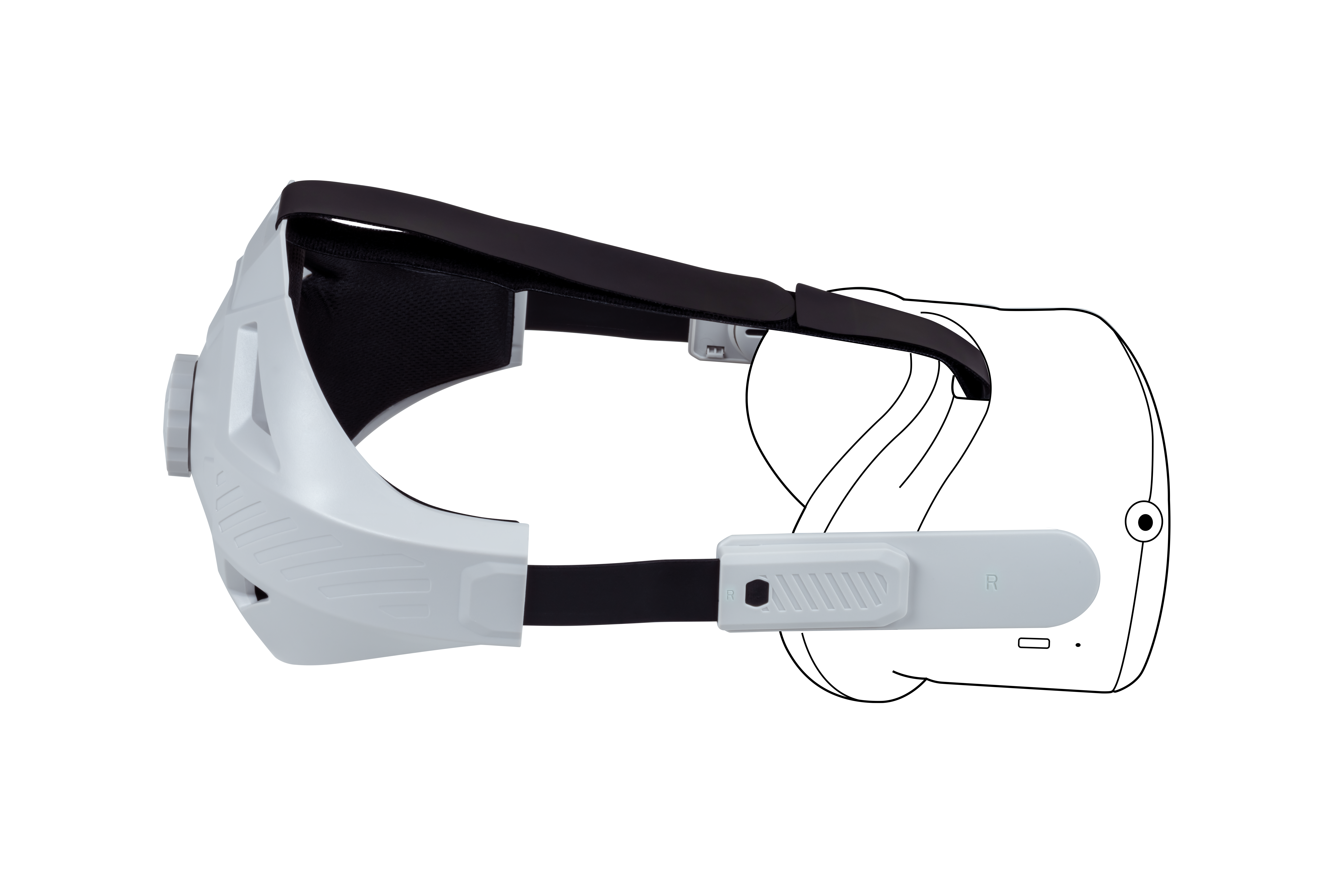 Seitenansicht eines weißen VR-Headsets mit schwarzen Riemen und einer Gesichtskontur.