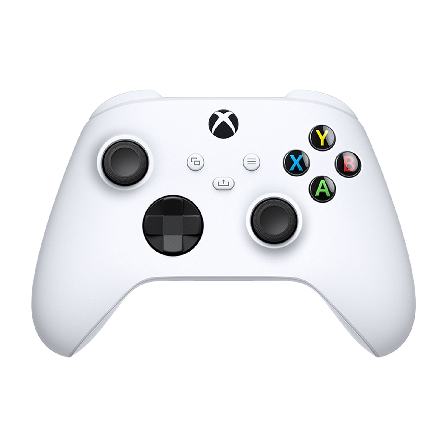 Witte Xbox-controller met zwarte knoppen, gekleurde A-, B-, X-, Y-knoppen en Xbox-logo op zwarte achtergrond.