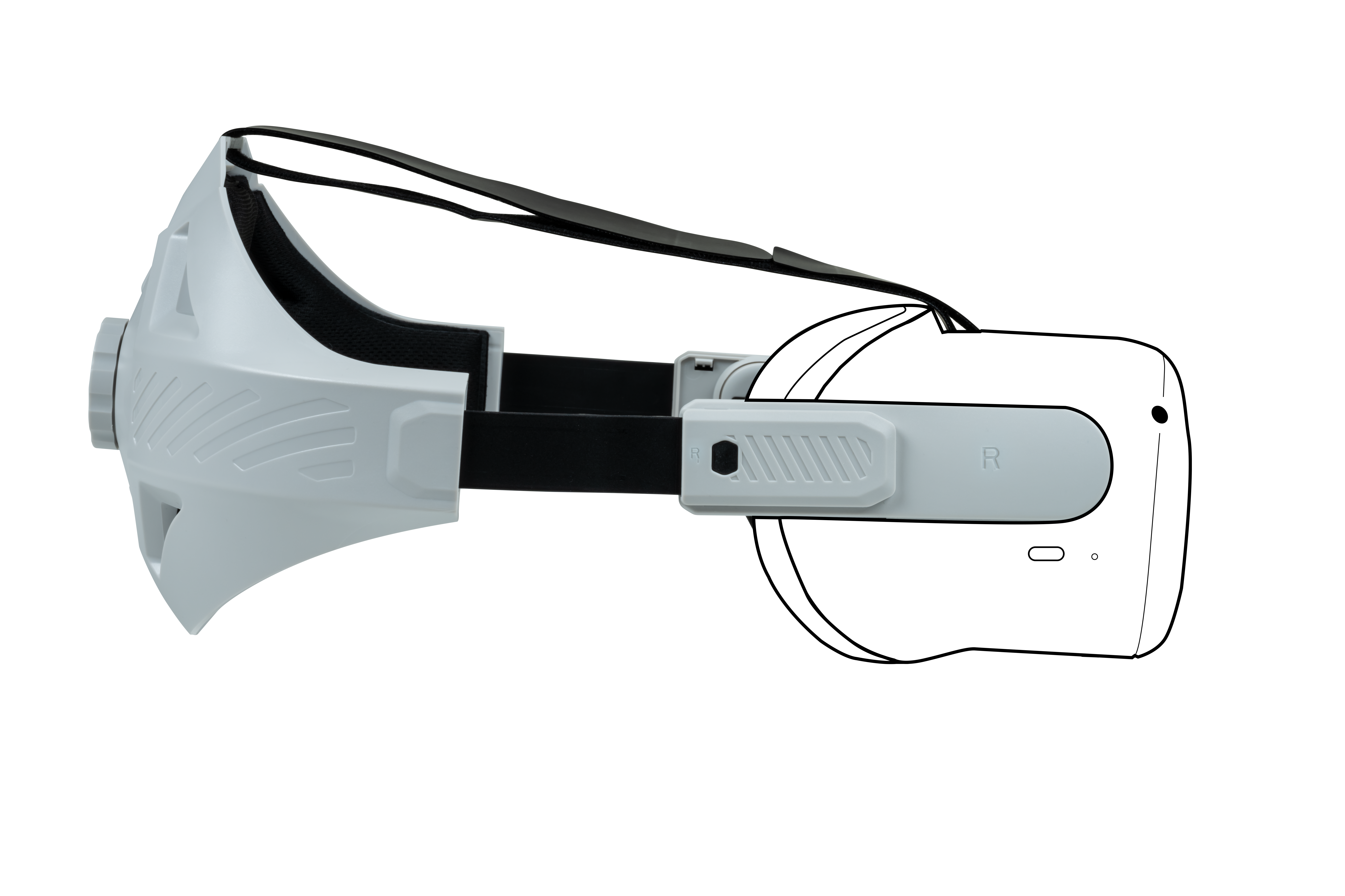 Eine weiße VR-Brille, Seitenansicht, mit schwarzem Riemen und dem Buchstaben 'R'.