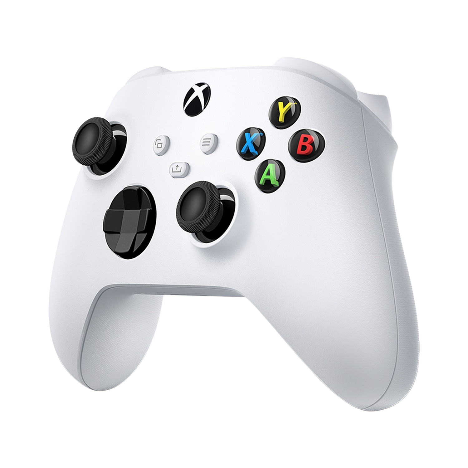 Witte Xbox-controller. Het heeft zwarte joysticks, kleurrijke knoppen en het Xbox-logo bovenaan.