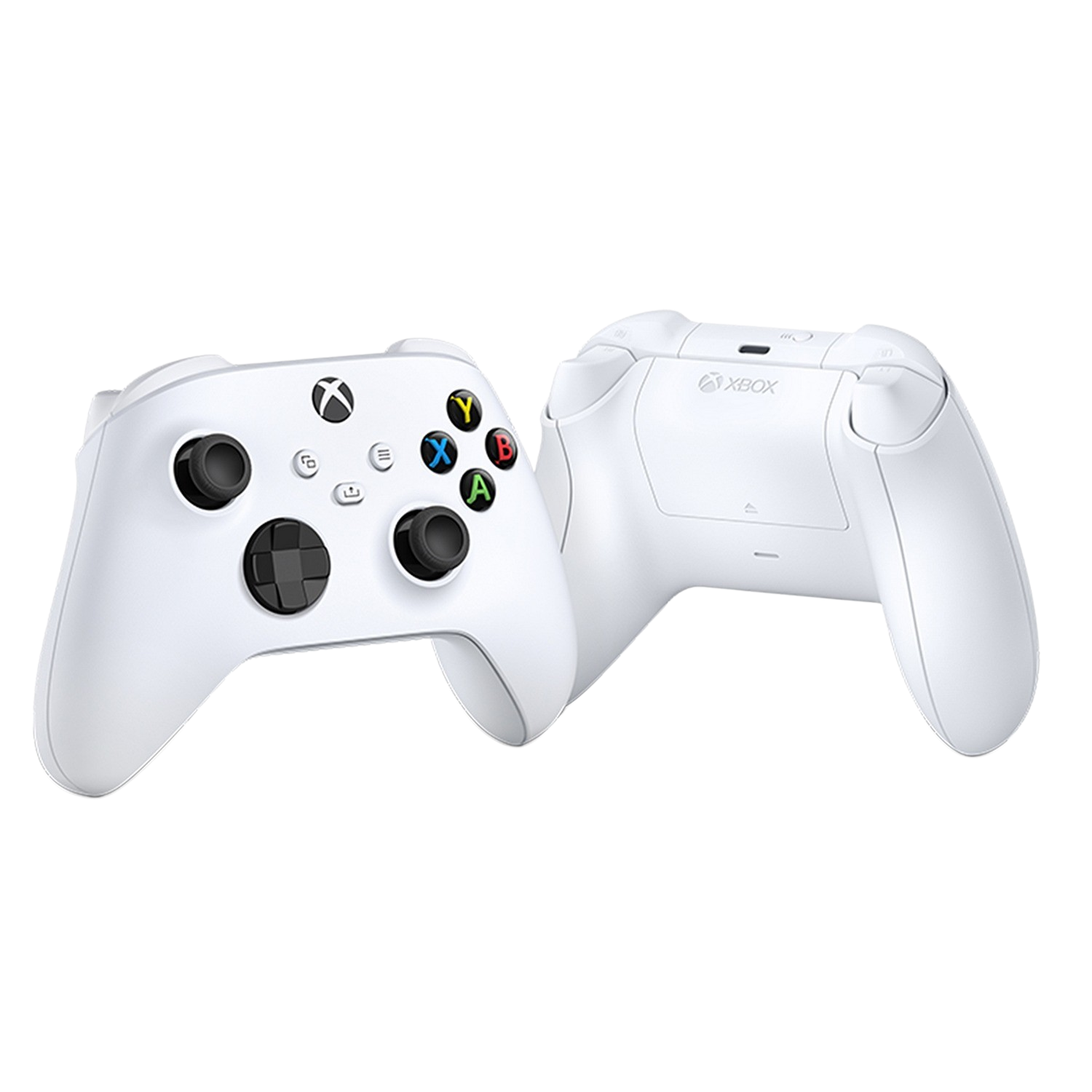 Twee witte Xbox-controllers op een zwarte achtergrond. Eén toont knoppen, de ander de achterkant met het Xbox-logo.
