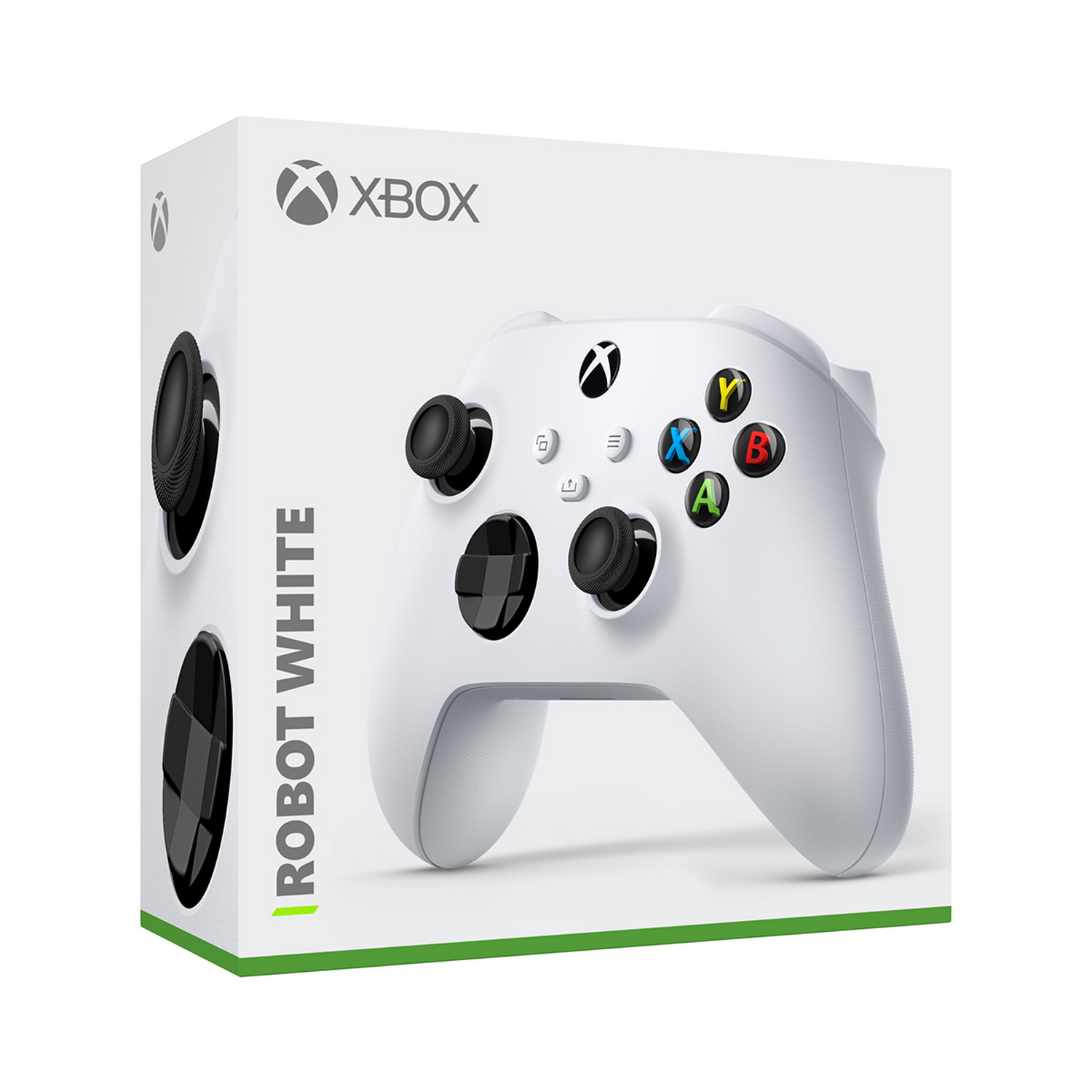 Witte Xbox-controller in een doos. De controller heeft gekleurde knoppen. De doos zegt 'Robot White'.