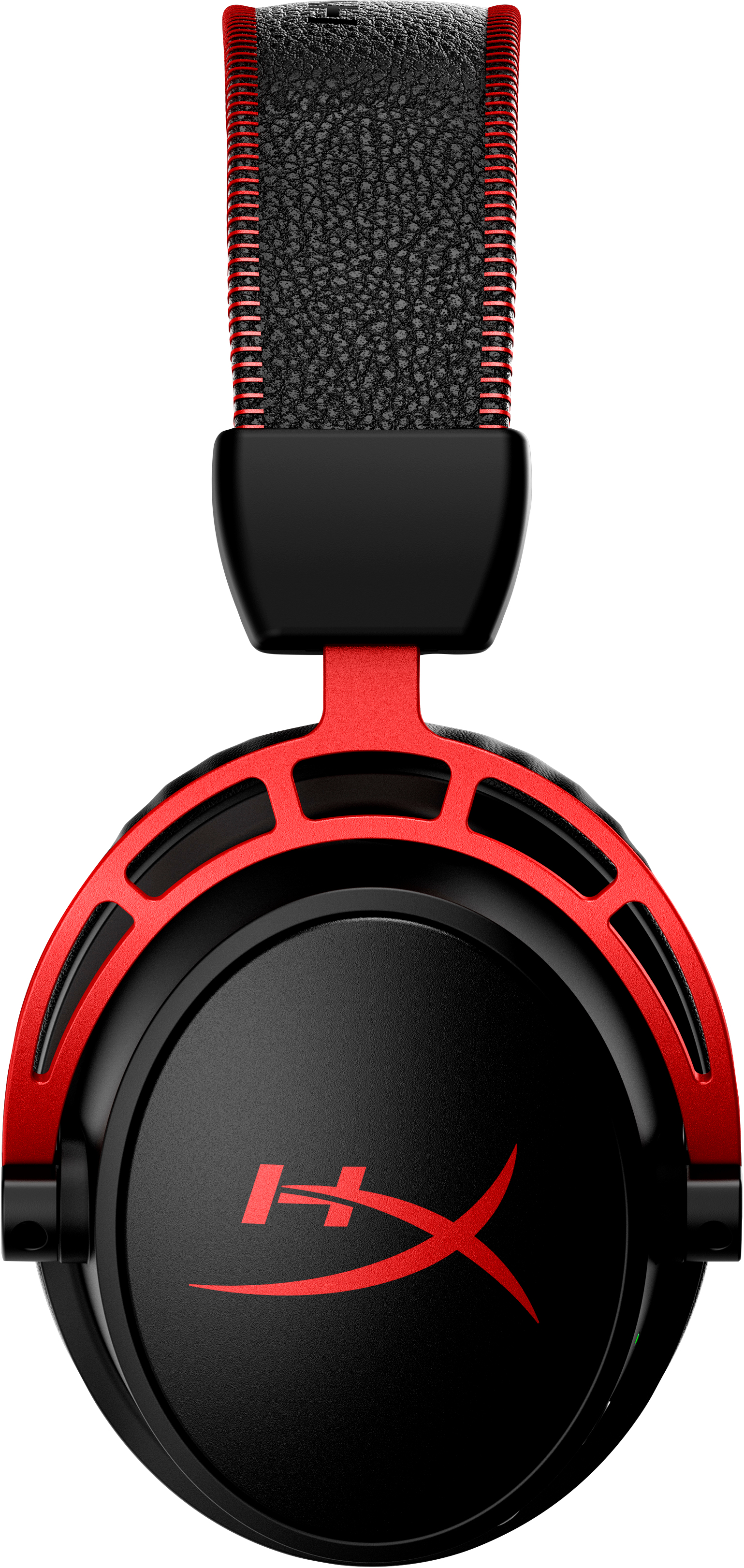 Black and red gaming headset. The HyperX logo is visible. The headband is red with black padding.