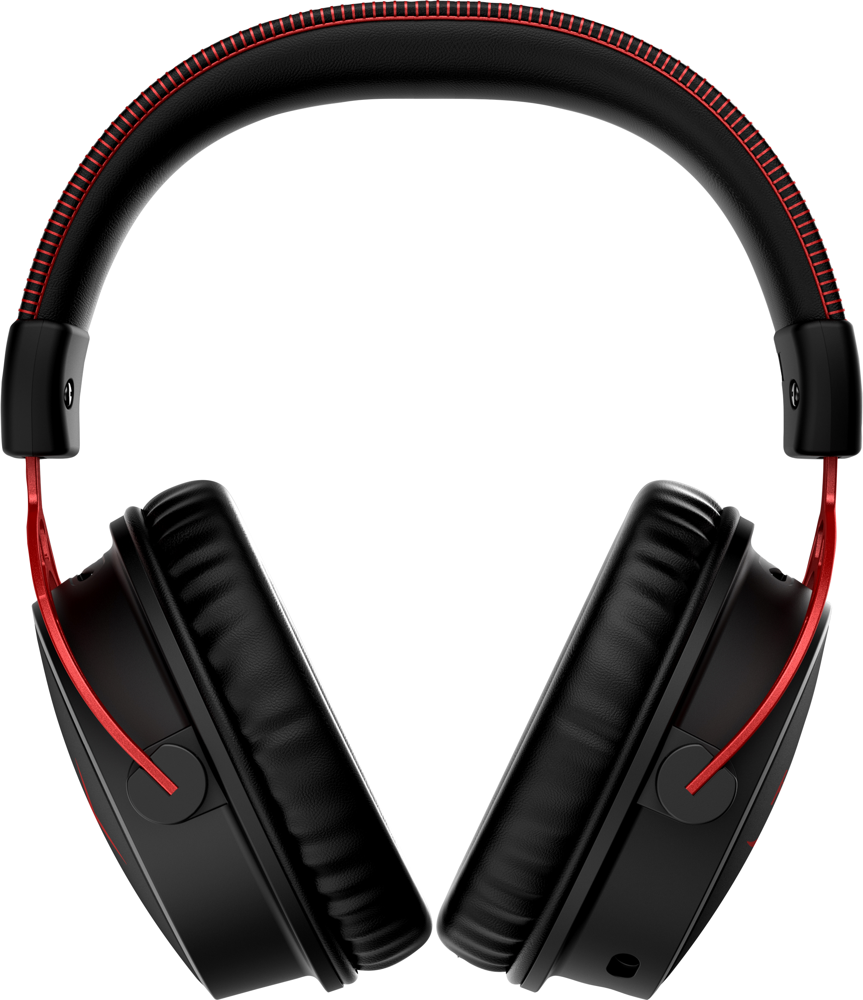 Black headphones with red accents. Top view.