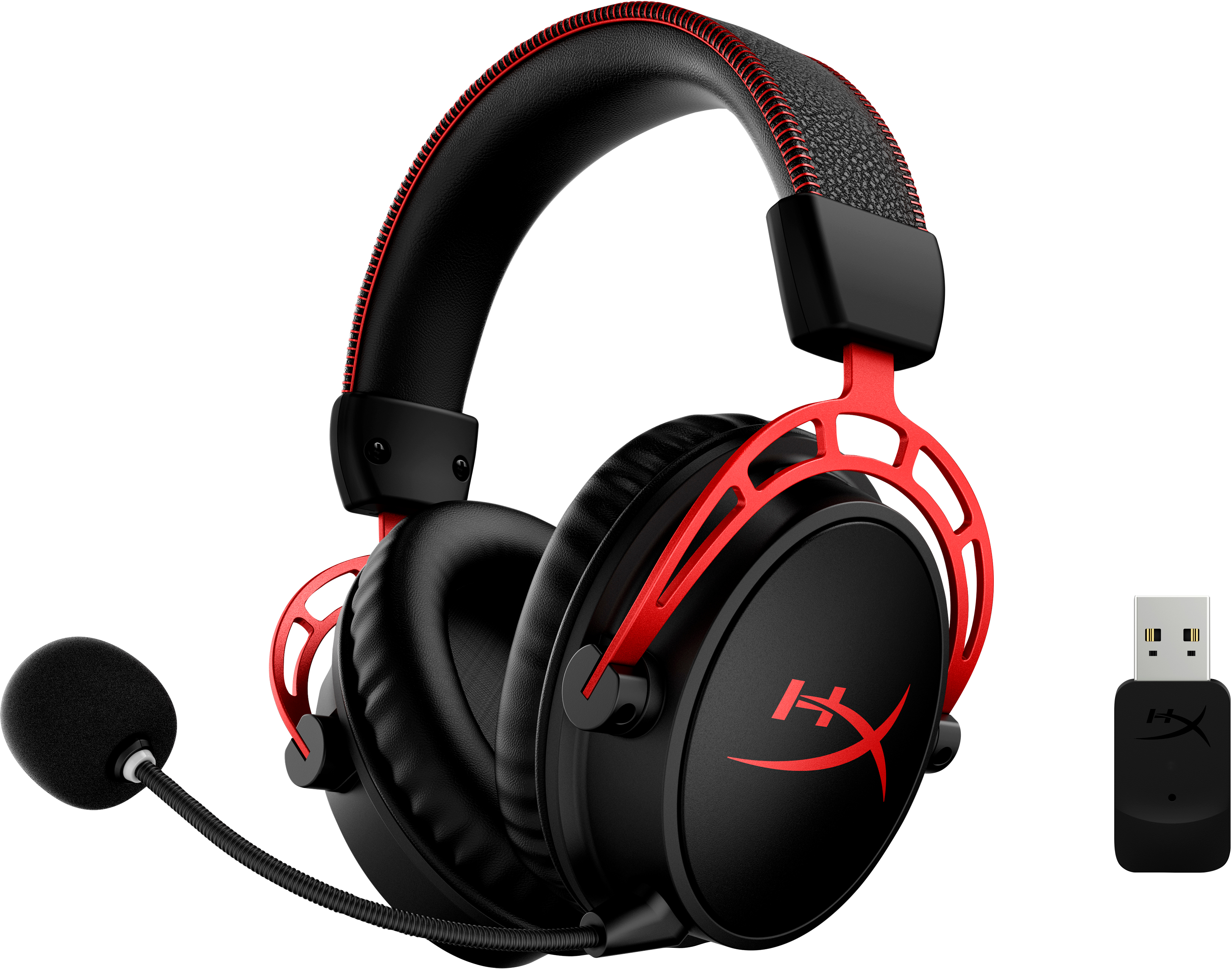 Black and red HyperX gaming headset with attached microphone and USB receiver.