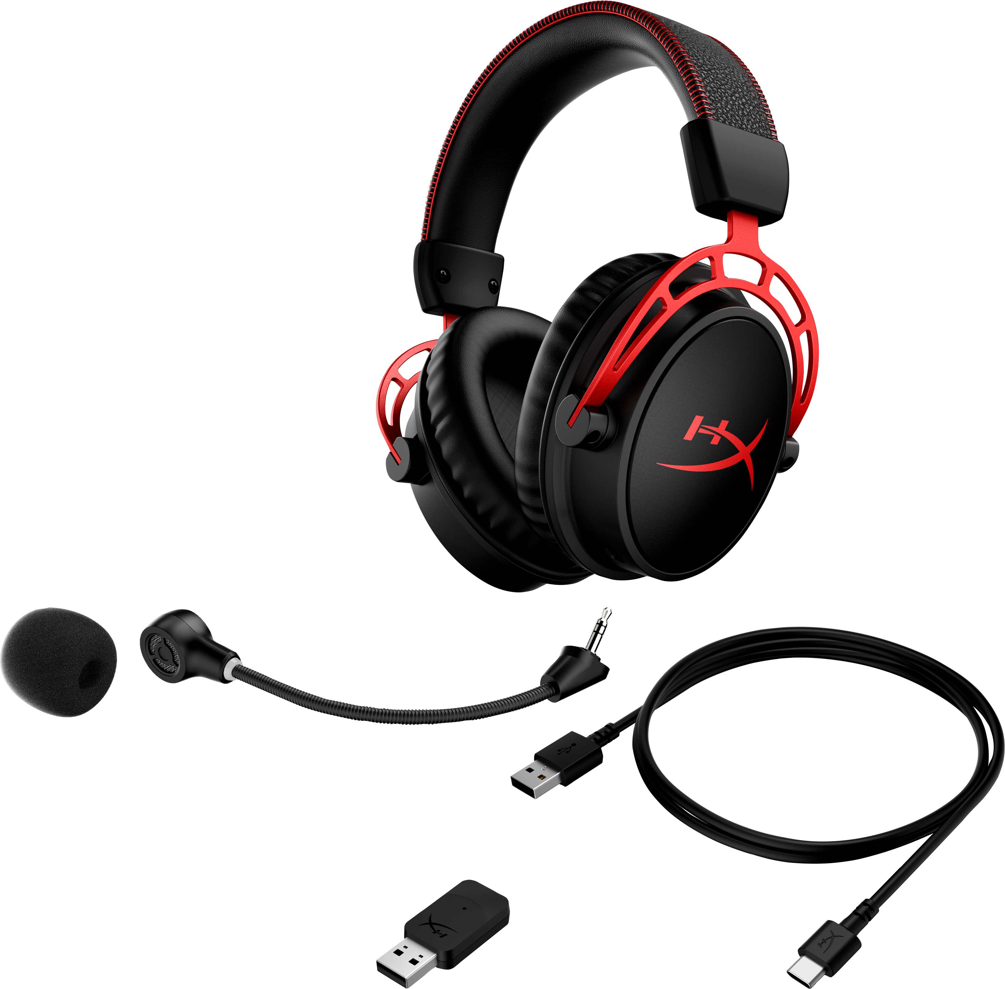 Black and red HyperX headphones with accessories.