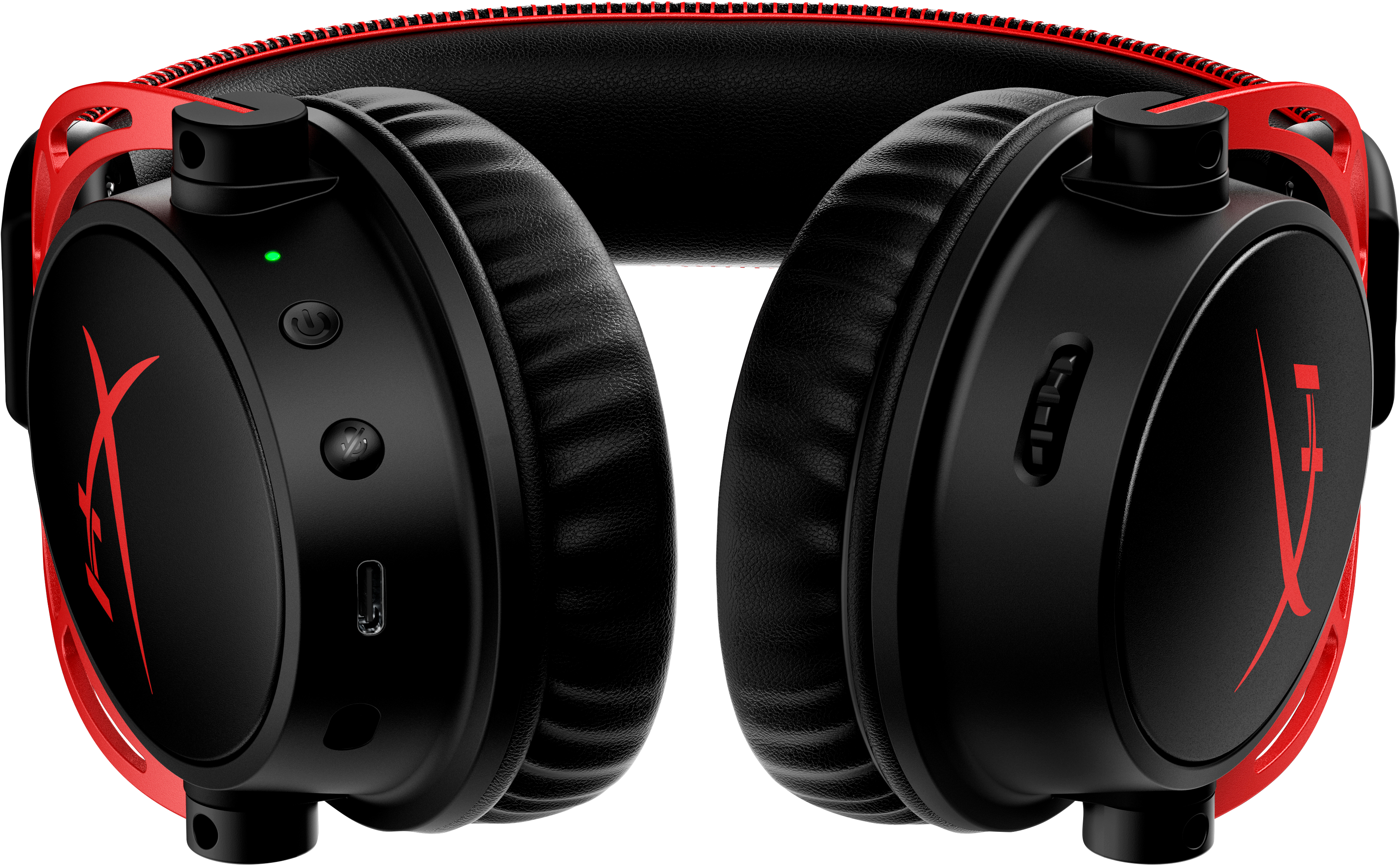 Black and red HyperX gaming headset, side view, details visible.