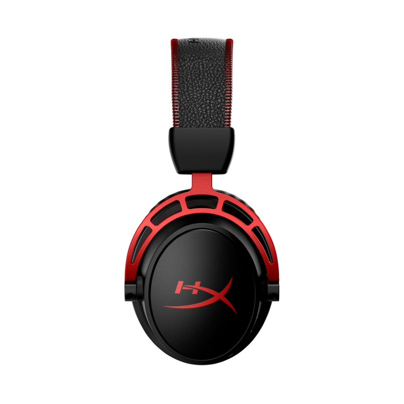 Siyah ve kırmızı HyperX kulaklıklar, üstten görünüm, logo görünüyor.
