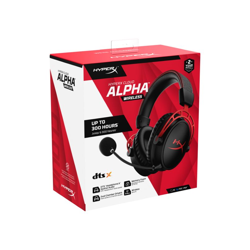 Kutusunda kırmızı ve siyah bir HyperX Cloud Alpha Wireless oyun kulaklığı, özellikleri ve markayı gösteriyor.