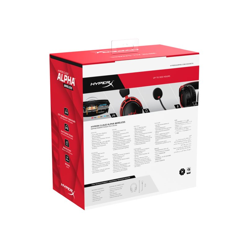 HyperX Cloud Alpha Wireless kutusu. Kırmızı ve siyah tasarım, kulaklık ve özellikler.