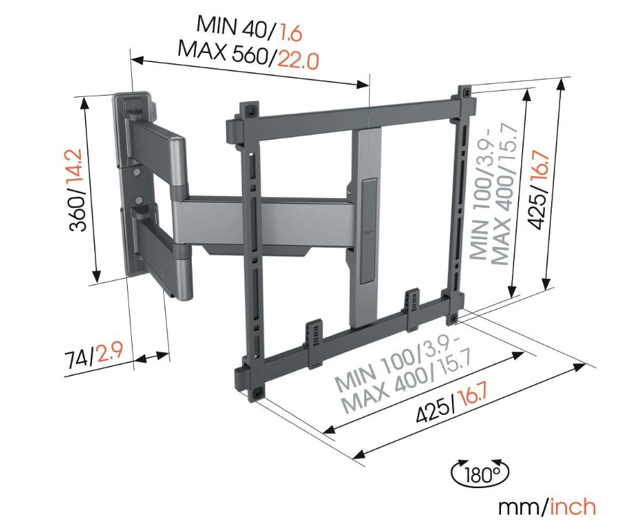 TV-Wandhalterung mit Abmessungen in mm/Zoll.