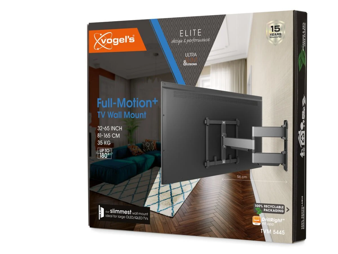 Karton mit TV-Wandhalterung, Produktdetails und Markenlogo.