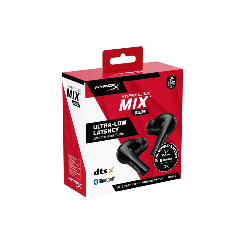 HyperX Cloud Mix Buds kutuda, siyah kulaklıklar.