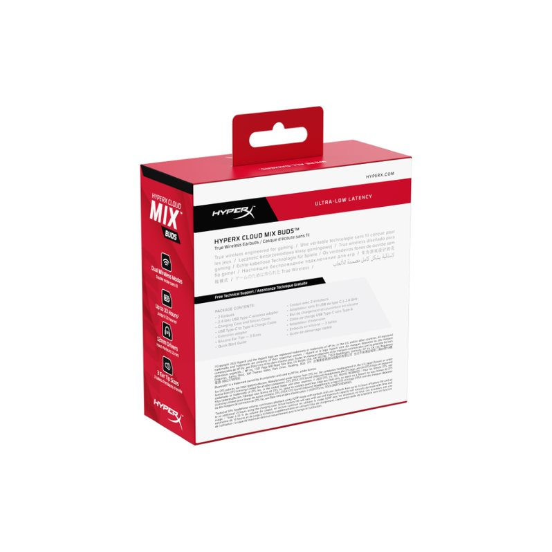 HyperX Cloud Mix Buds için kırmızı ve beyaz bir kutu. Kutunun bir sapı ve ürün bilgileri var.