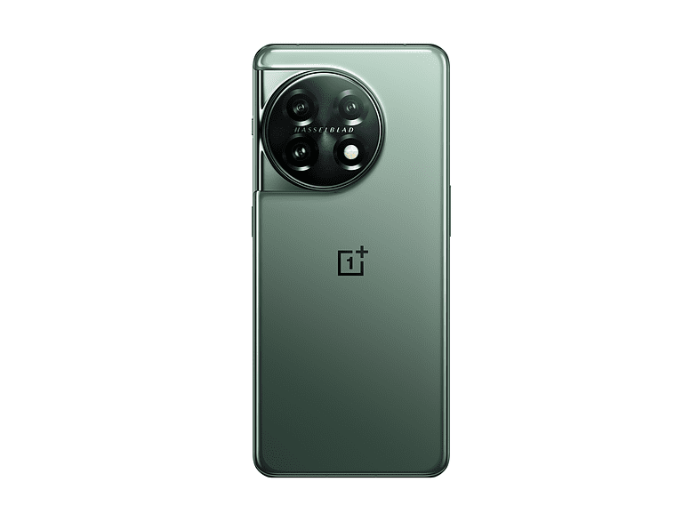 Parte trasera de teléfono verde. Las lentes de la cámara están en un círculo negro. El logotipo de OnePlus está debajo.